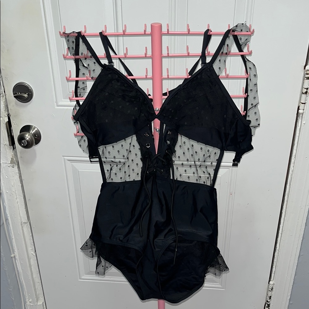Elegant Black Sheer Polka Dot Lingerie